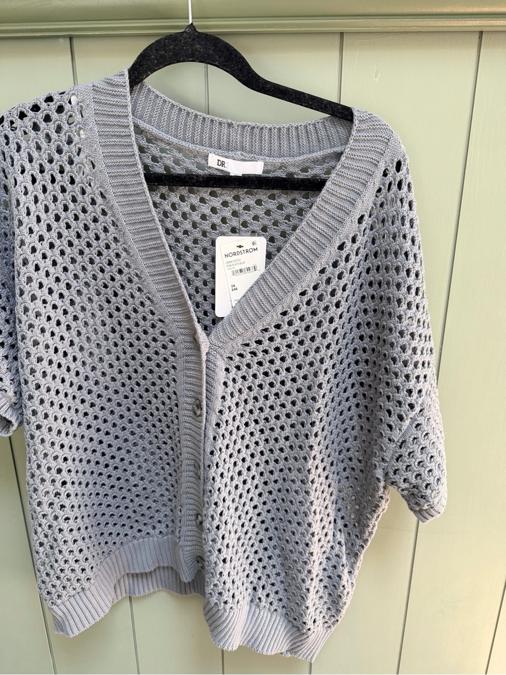 DR2 Light Gray Open-Knit V-Neck Short Sleeve Cardigan